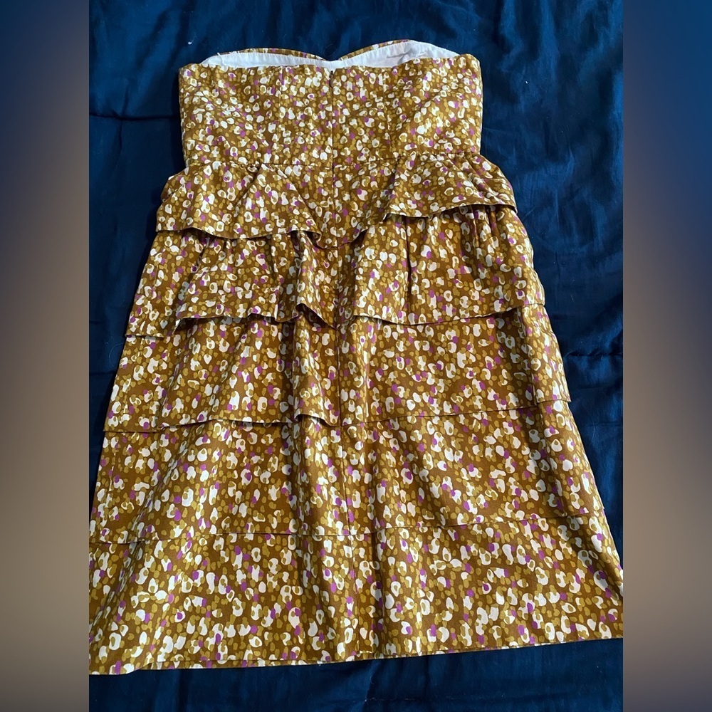 J. Crew Strapless Tiered Ruffle Sheath Cocktail Mini Dress in Brown and Purple - Picture 3 of 6